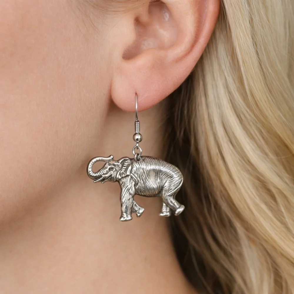 Silver Tone Elephant Dangle Earrings Animal Charm Earrings Safari Style